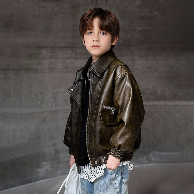Streetwear Brand Logo Design - 男の子ダークグリーン防水防風コート 2-12Y 子供ブラックロックオートバイ Pu レザージャケット子供ストリート写真撮影着用