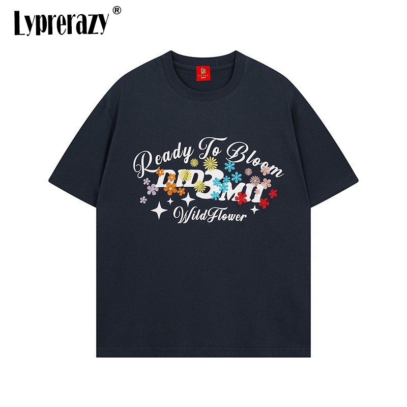 Streetwear Brand With Flowers - Lyprerazy ストリートブランド花咲く準備ができた刺繍半袖メンズ Tシャツ夏カジュアルコットン Tシャツ