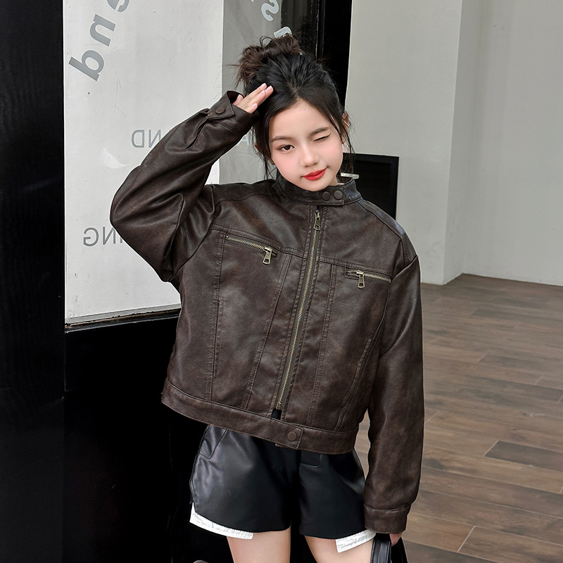 Streetwear Brand Logo Design - 男の子女の子防水防風コート子供写真撮影ウェアキッズレトロ冬フリースベルベット暖かいオートバイPUレザージャケット