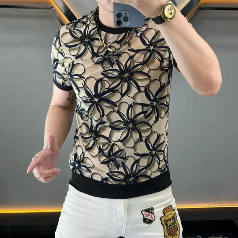 Streetwear Brand With Flowers - メンズシルクフラワープリントTシャツ,半袖,ラウンドネック,上質,通気性,カジュアル,ソーシャルストリートウェア,ブランド,M-5XL