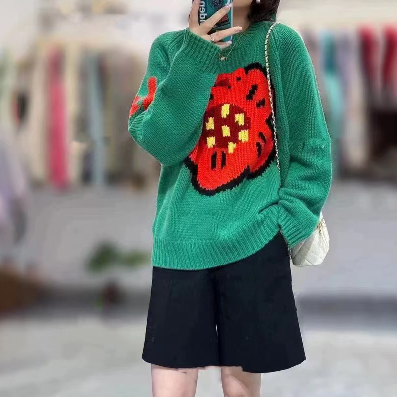 Streetwear Brand With Flowers - 女性用ルーズカシミヤセーター,長袖セーター,エクストラシックセーター,フラワーデザイン感覚,クルーネック,100% 純粋,国際ブランド,新品