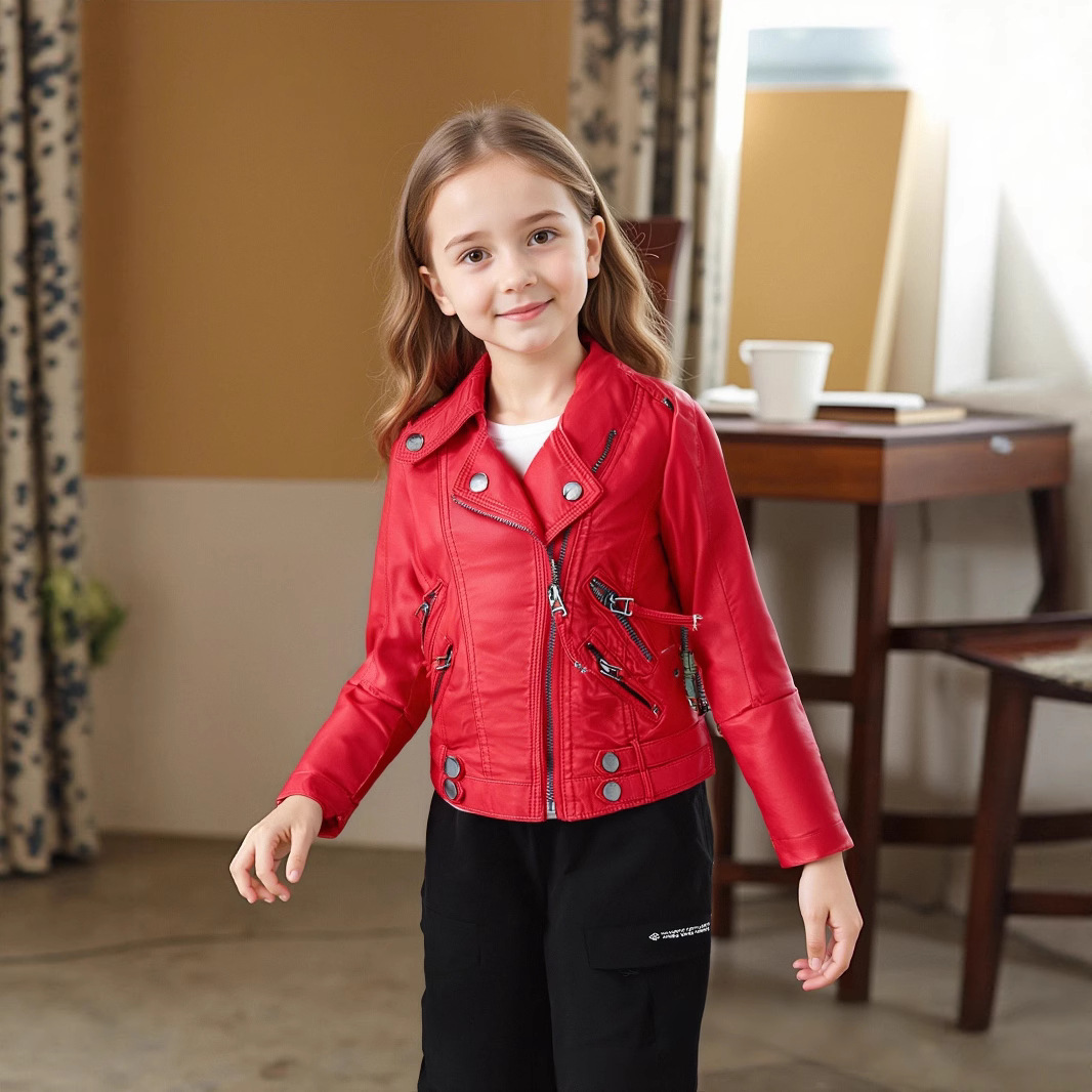 Streetwear Brand Logo Design - キッズストリートフォトウェア 2-12Y 新年男の子女の子レッドロックオートバイ Pu レザージャケット子供防水防風コート